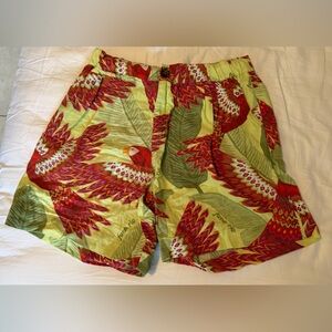 FARM Rio Linen Parrot Print Shorts - Red and Green